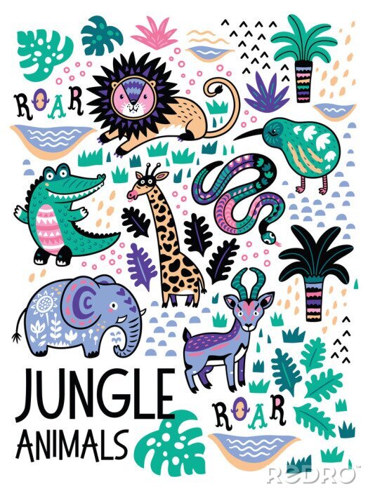 Papier peint à motif  Motif coloré avec des animaux safari