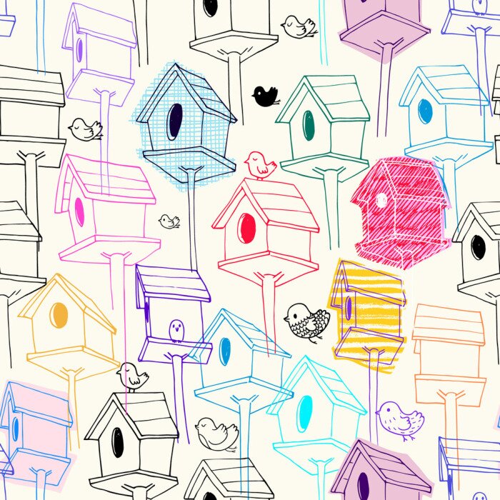 Papier peint à motif  Motif coloré avec oiseaux et mangeoires esquissés