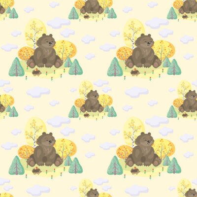 Papier peint à motif  Motif coloré multicolore avec l'image des animaux mignons des bois et des arbres d'automne. Contexte vectoriel.