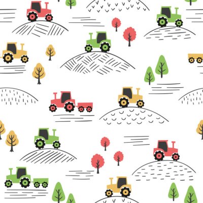 Motif coloré sans soudure avec tracteurs doodle.