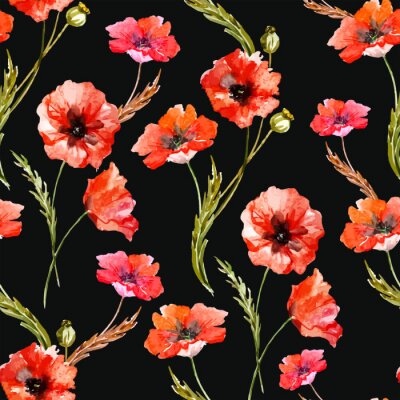 Papier peint à motif  Motif coquelicots sur fond noir