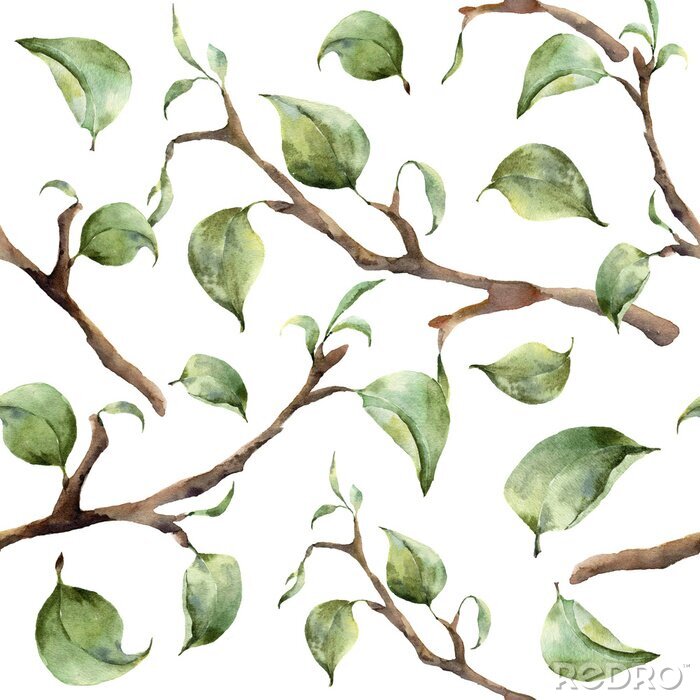 Papier peint à motif  Motif d'aquarelle avec des branches d'arbre et des feuilles. Main, peint, ressort, ornement, floral, éléments, feuilles, isolé, blanc, fond Pour la conception et le tissu