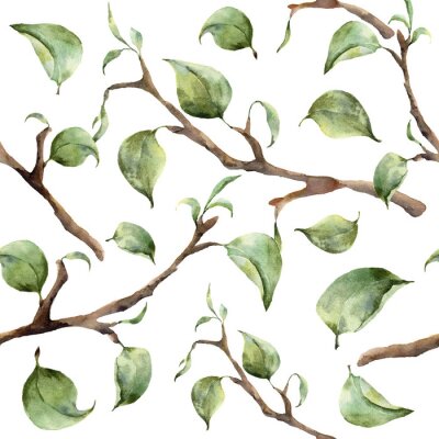 Papier peint à motif  Motif d'aquarelle avec des branches d'arbre et des feuilles. Main, peint, ressort, ornement, floral, éléments, feuilles, isolé, blanc, fond Pour la conception et le tissu