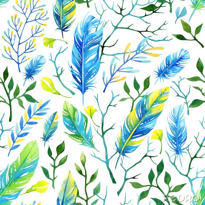 Papier peint à motif  Motif d'aquarelle floral sans couture avec des plumes