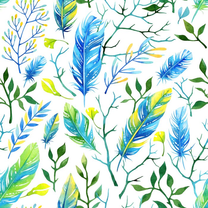 Papier peint à motif  Motif d'aquarelle floral sans couture avec des plumes