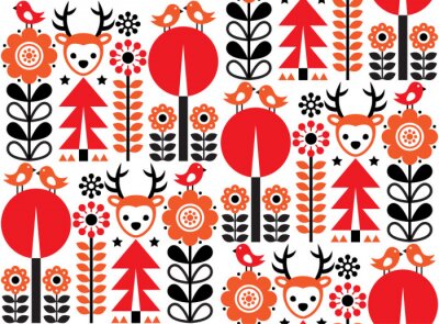 Motif d'art populaire vectorielle continue d'inspiration finlandaise - style scandinave, nordique avec des fleurs et des animaux