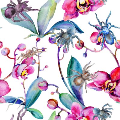 Papier peint à motif  Motif d'insecte sauvage tarentule exotique dans un style aquarelle. Nom complet de l'insecte: tarentule, araignée. Aquarelle insecte sauvage pour le fond, la texture, le modèle de l'enveloppe ou le ta