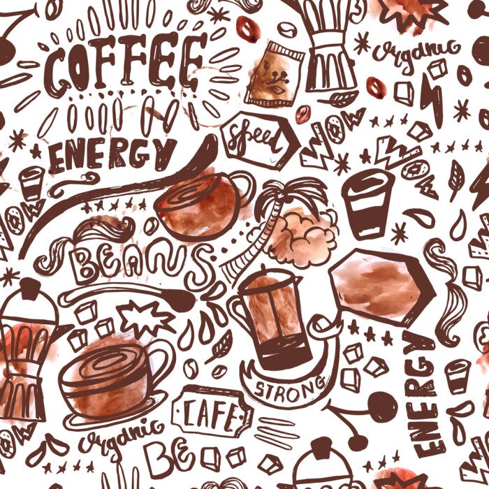 Papier peint à motif  Motif de café encreux à l'encre sans couture sur fond blanc avec des taches d'aquarelle, illustration vectorielle dessinée à la main