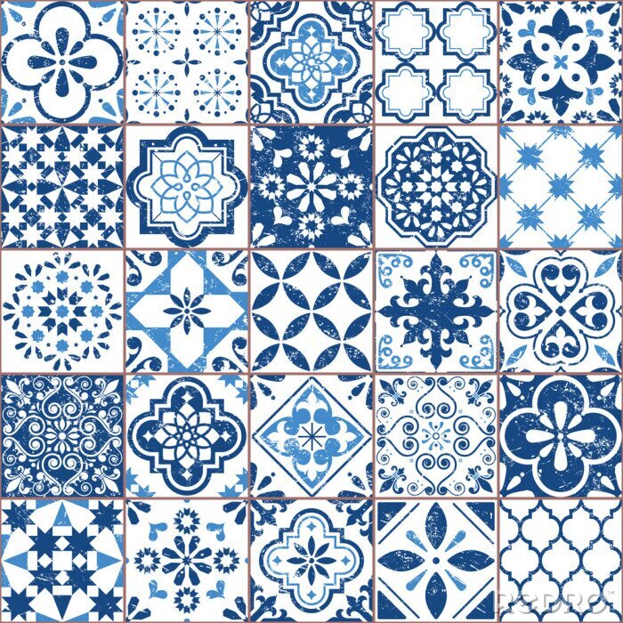 Papier peint à motif  Motif de carreaux de vecteur Azulejo, mosaïque de carreaux anciens rétro portugais ou espagnols, dessin sans couture bleu marine de la Méditerranée