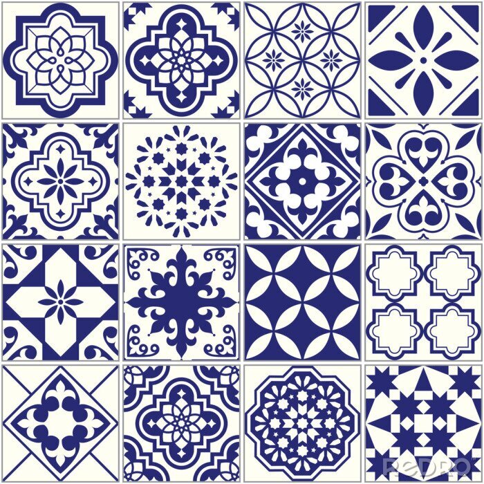 Papier peint à motif  Motif de carreaux sans couture, mosaïque floral mosaïque méditerranéenne, ornement bleu marine bleu de Lisbonne