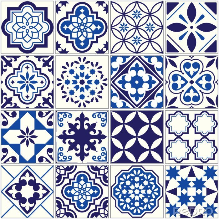Papier peint à motif  Motif de carreaux vectoriels, mosaïque florale de Lisbonne, ornement bleu marine bleu marine