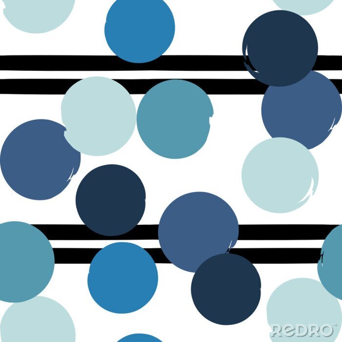 Papier peint à motif  Motif de cercles dans des tons bleus avec des rayures noires