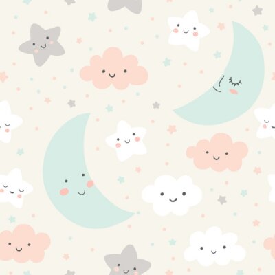 Papier peint à motif  Motif de ciel mignon. Conception de vectorielle continue avec sourire, dormir la lune, les étoiles et les nuages. Illustration de bébé.