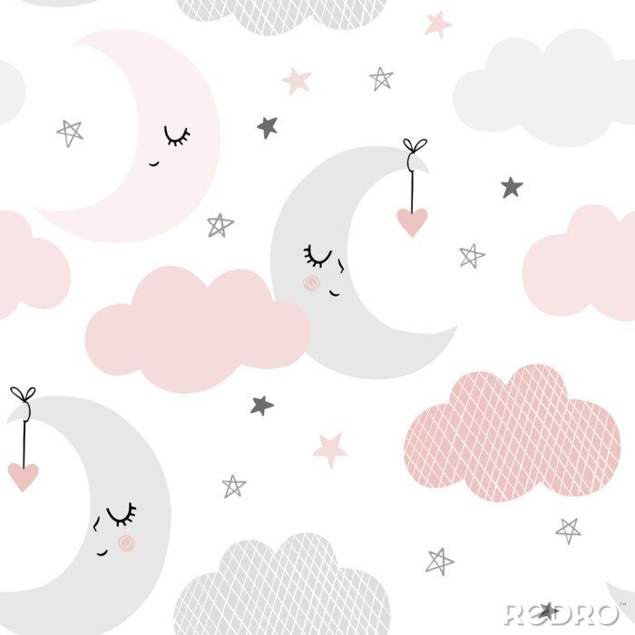 Papier peint à motif  Motif de ciel mignon. Conception vectorielle continue avec sourire, lune endormie, coeurs, étoiles et nuages. Illustration de bébé.