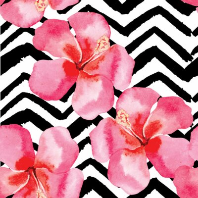 Papier peint à motif  motif de l'aquarelle d'hibiscus tropical, fond noir et blanc