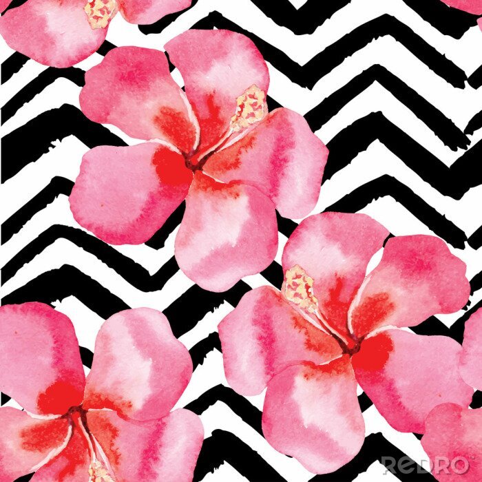 Papier peint à motif  motif de l'aquarelle d'hibiscus tropical, fond noir et blanc