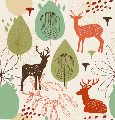 Papier peint à motif  Motif de la nature sans couture avec les cerfs. Contexte forestier. Texture vectorielle