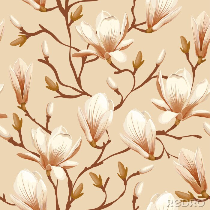 Papier peint à motif  Motif de magnolias en fleurs sur fond beige