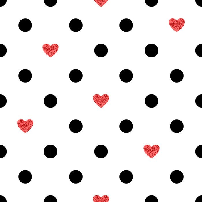 Papier peint à motif  Motif de point de polka avec des coeurs rouges. Fond romantique.
