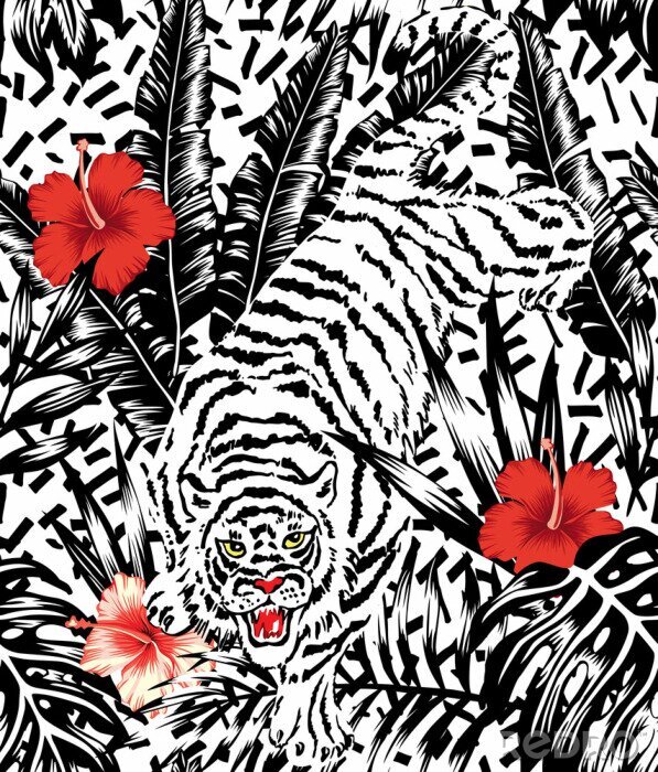 Papier peint à motif  Motif de tigre avec des fleurs