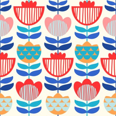 Papier peint à motif  Motif de vecteur sans couture avec des fleurs scandinaves. Couleurs vives.