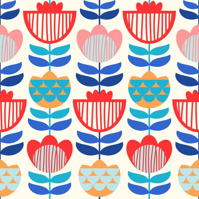 Papier peint à motif  Motif de vecteur sans couture avec des fleurs scandinaves. Couleurs vives.