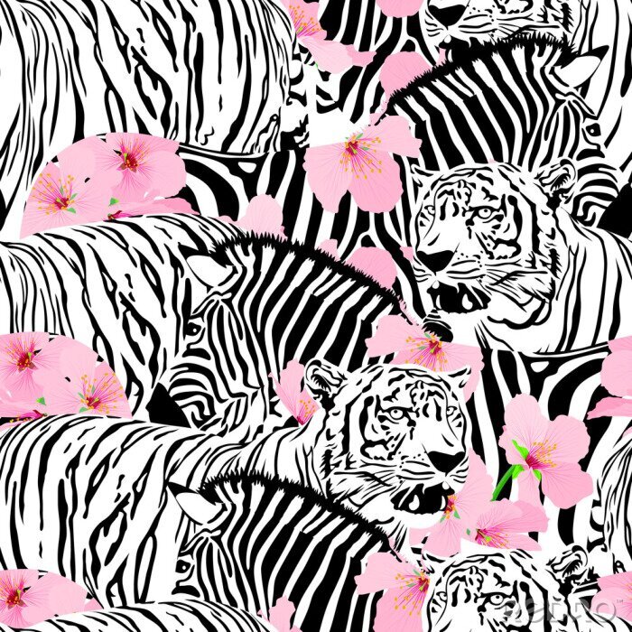 Papier peint à motif  Motif de zèbre et tigre avec des fleurs roses