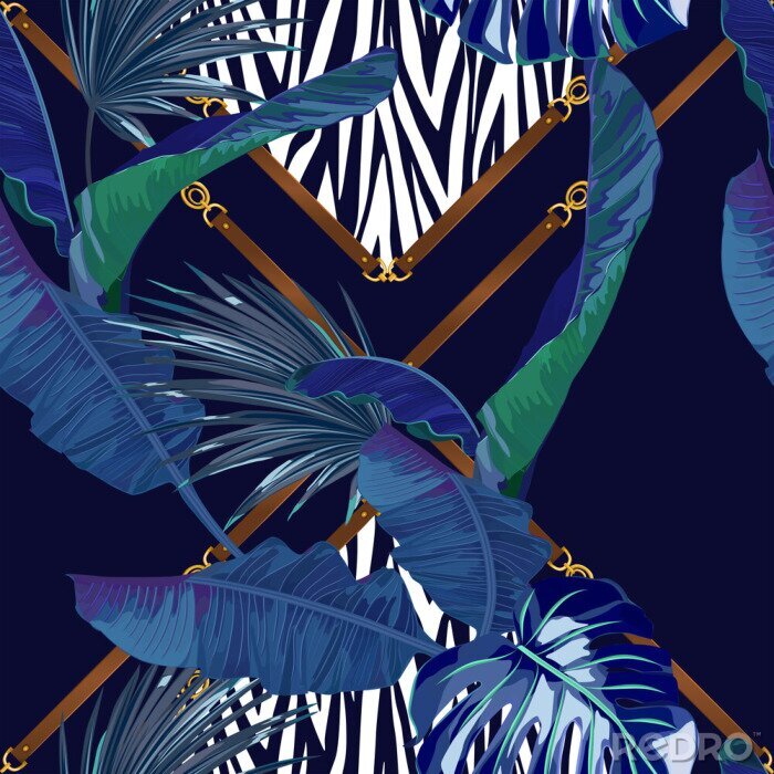 Papier peint à motif  Motif feuilles tropicales et zèbre bleu marine