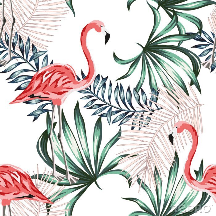 Papier peint à motif  Motif flamants des tropiques et fleurs exotiques