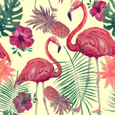 Papier peint à motif  Motif flamants roses vintage