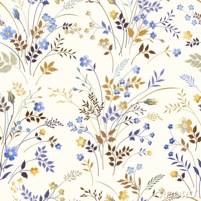 Papier peint à motif  Motif floral avec des fleurs bleues