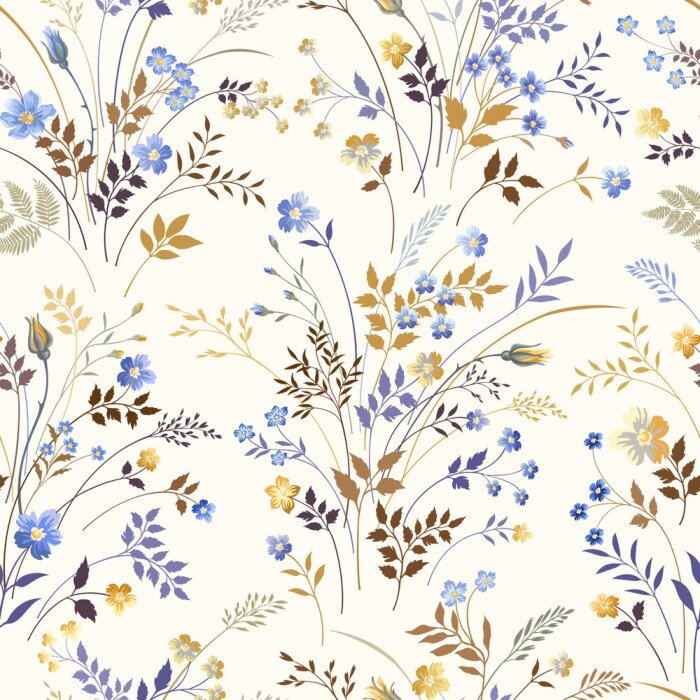 Papier peint à motif  Motif floral avec des fleurs bleues