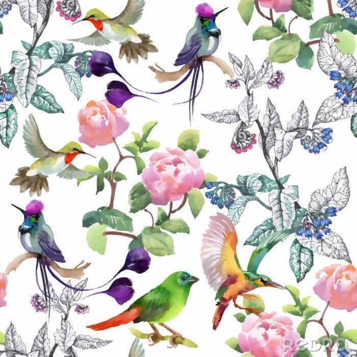 Papier peint à motif  Motif floral avec des oiseaux