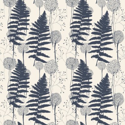 Papier peint à motif  Motif floral avec feuilles de fougères, pissenlits et graminées.