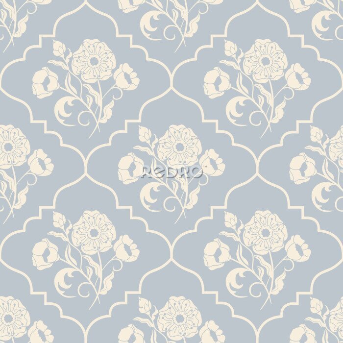 Papier peint à motif  Motif floral blanc et bleu shabby chic