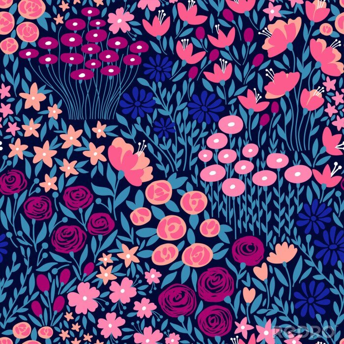 Papier peint à motif  Motif floral bleu et rose