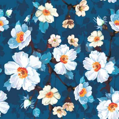 Papier peint à motif  Motif floral floral bleu
