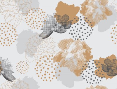 Papier peint à motif  Motif floral moderne dans un style de demi-teintes. Ornement vectorielle continue avec des fleurs et des formes géométriques. Pivoines sur fond gris