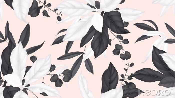 Papier peint à motif  Motif floral sans soudure, feuilles de magnolia noir et blanc, feuilles d'eucalyptus sur fond orange clair