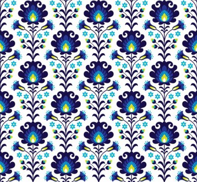 Papier peint à motif  Motif folklorique avec des fleurs bleues
