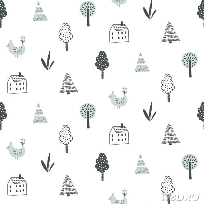 Papier peint à motif  Motif forestier avec des maisons
