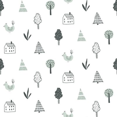 Papier peint à motif  Motif forestier avec des maisons