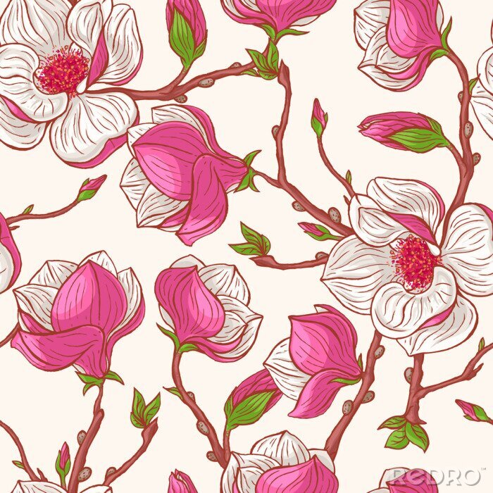Papier peint à motif  Motif graphique avec des magnolias