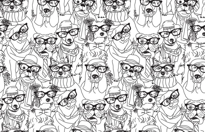 Papier peint à motif  Motif hipster noir et blanc avec des chiens