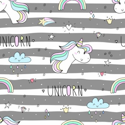 Papier peint à motif  Motif licornes et bandes horizontales