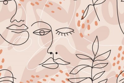Motif line art dessin de visages et de plantes