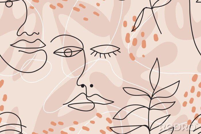 Papier peint à motif  Motif line art dessin de visages et de plantes