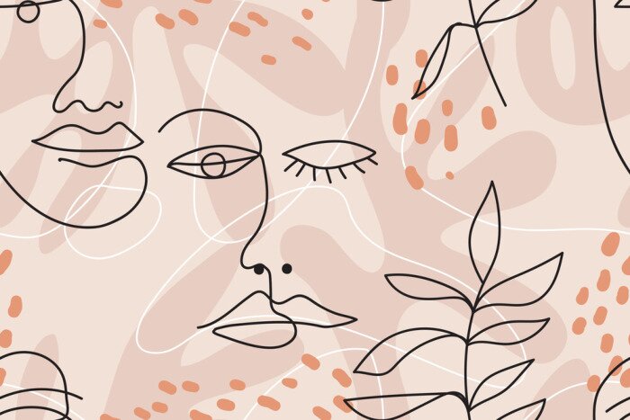 Papier peint à motif  Motif line art dessin de visages et de plantes