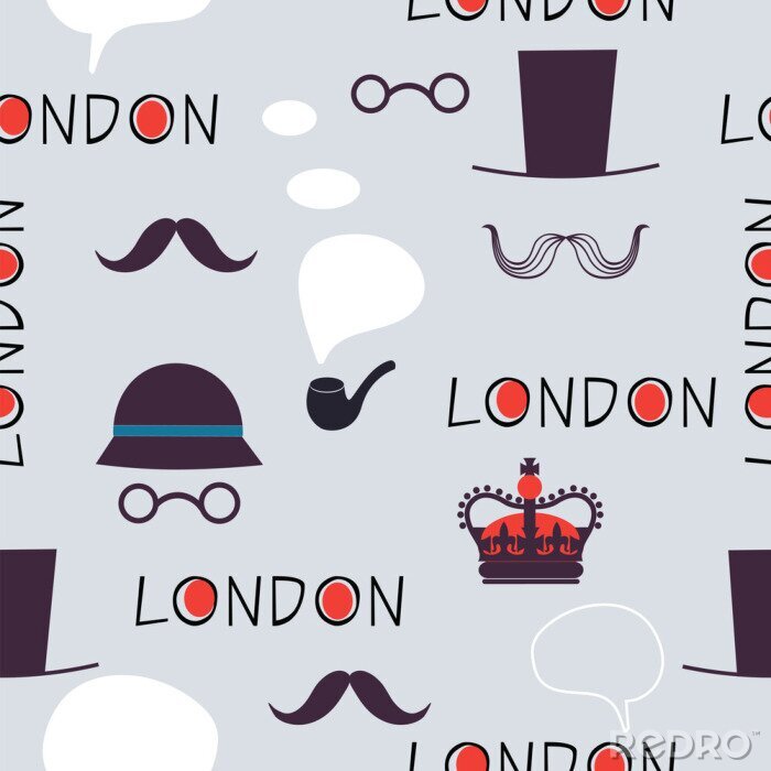 Papier peint à motif  Motif Londres avec chapeaux et moustaches