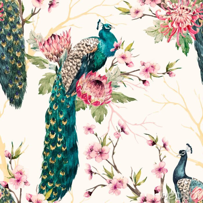 Papier peint à motif  Motif lumineux avec des oiseaux de paon et des fleurs roses